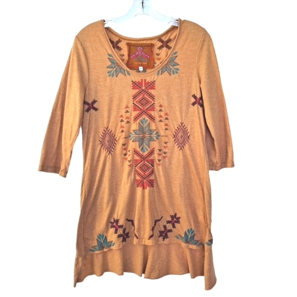 Johnny Was Mustard Western Aztec Tribal 3/4 Sleeve Embroidered Tunic Top szM - Picture 2 of 9